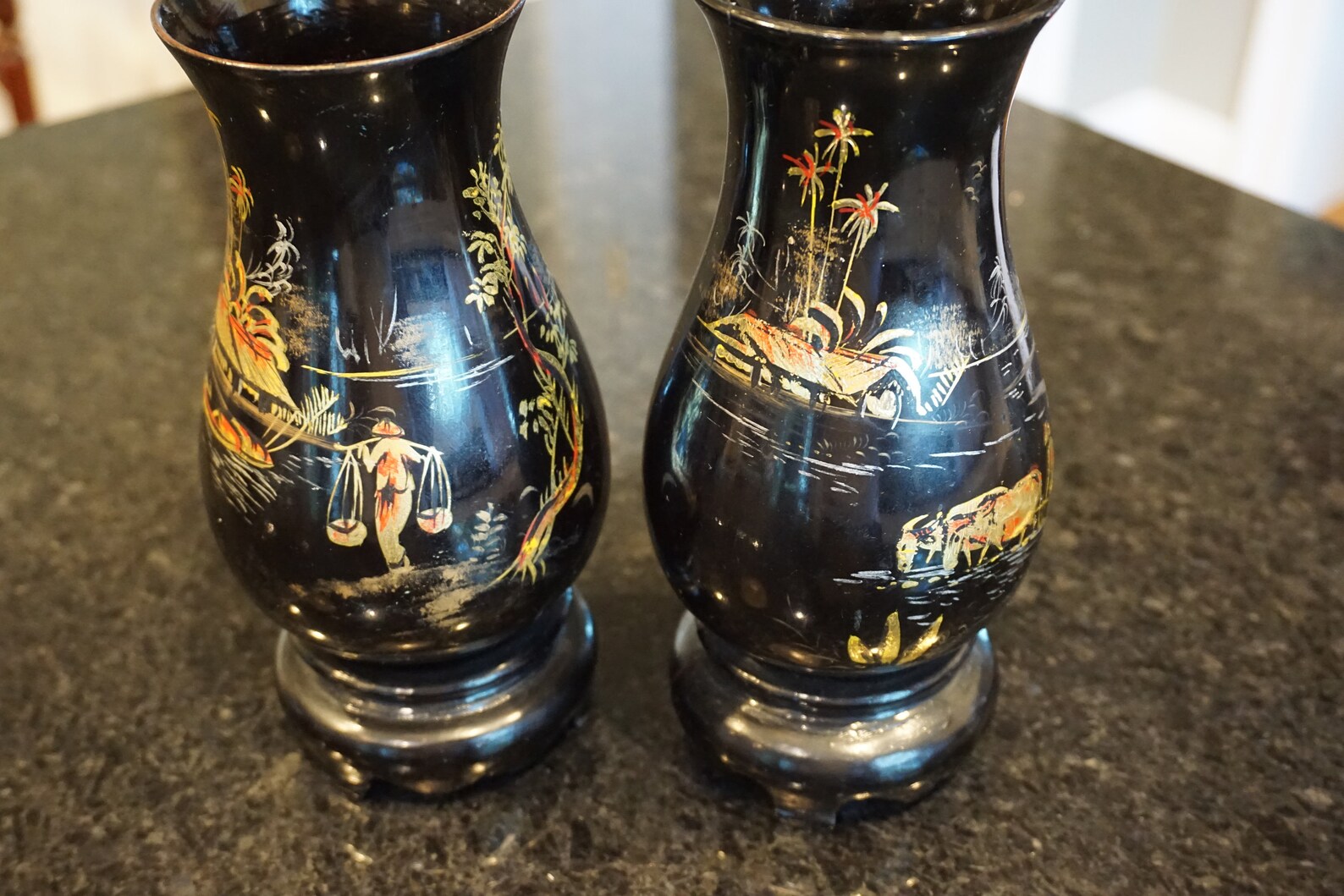 Vintage Black Lacquer Wooden Vases 1960s Lacquer Vases Set Etsy
