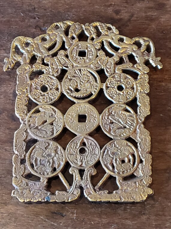 Vintage Chinese Coin Chinoiserie Trivet 1960s Brass Etsy