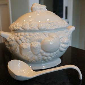 MCM Tureen Century Japan White Tureen and Ladle - 1970s White Fruit Pattern Ceramic Tureen with Ladle
