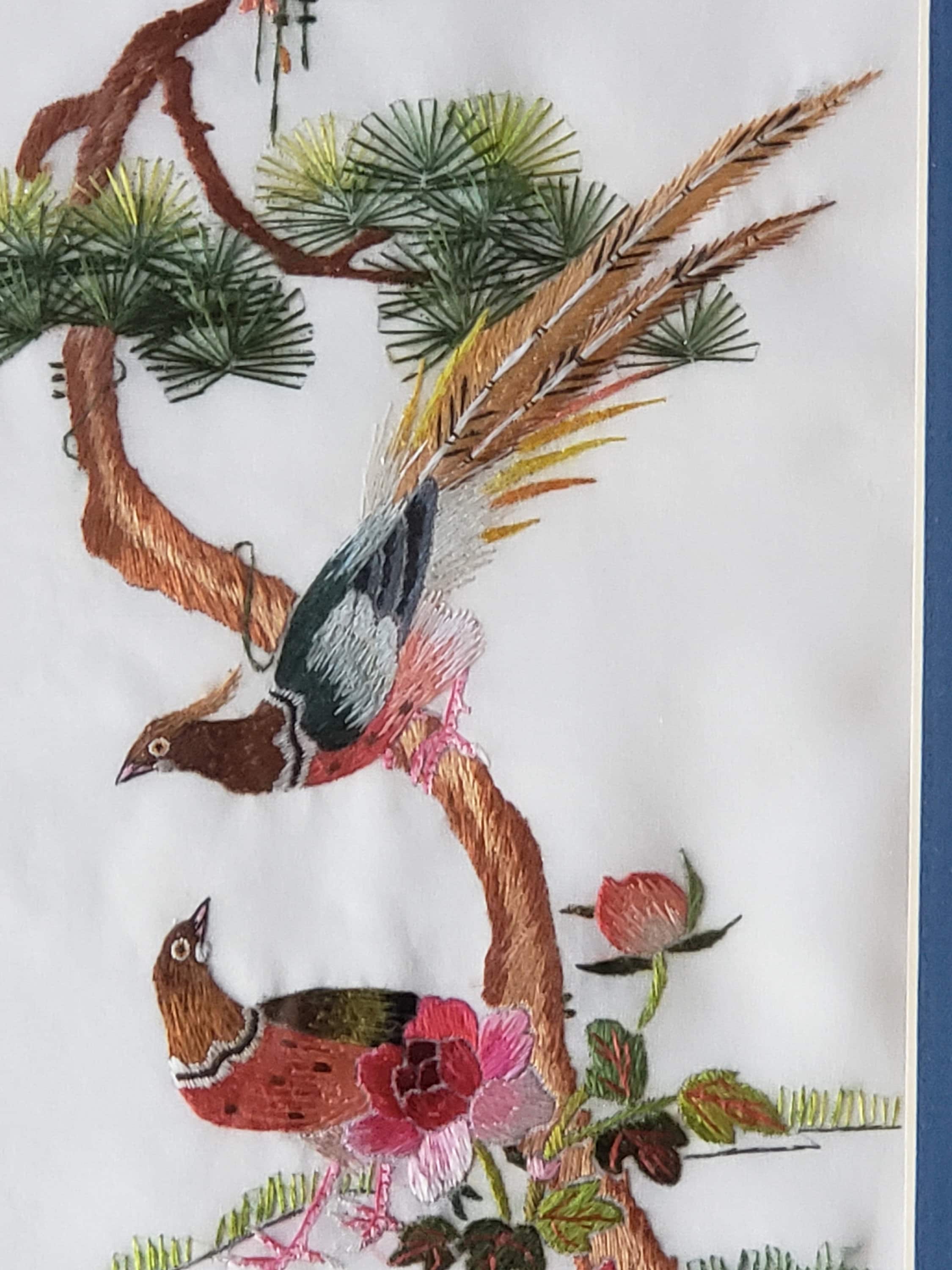 Vintage Chinese Embroidery on Silk With Gold Bamboo Style