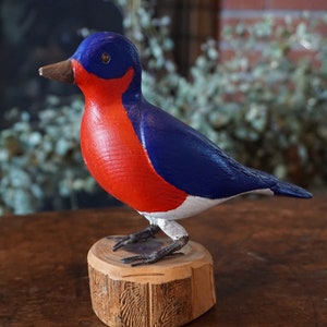 Vintage Folk Art  Bird Wooden Bird - 1990 Hand-carved Blue Bird Outsider Art Folk Art Patriotic Bird Red White Blue