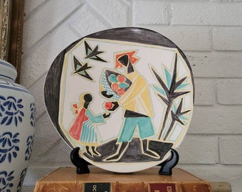 Plato de cerámica Krakeroy de 1955, pintado a mano, arte cubista moderno de mediados de siglo