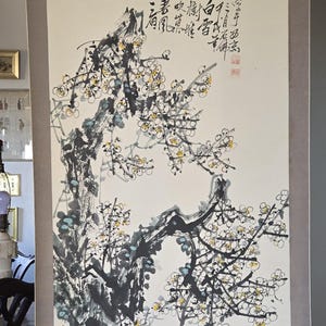 Vintage Rice Paper on Silk Scroll - Prunus Painting Scroll block signed