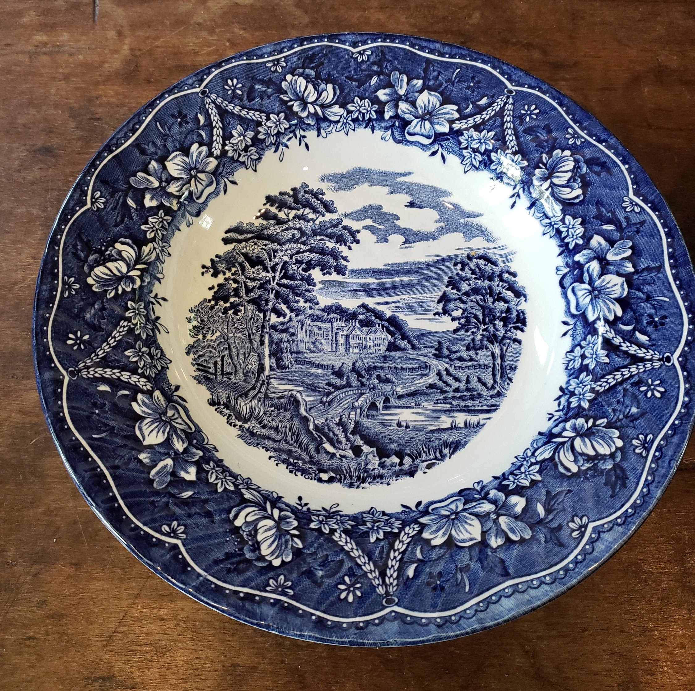 Vintage Staffordshire Old Castle Soup Bowls - Blue Transferware