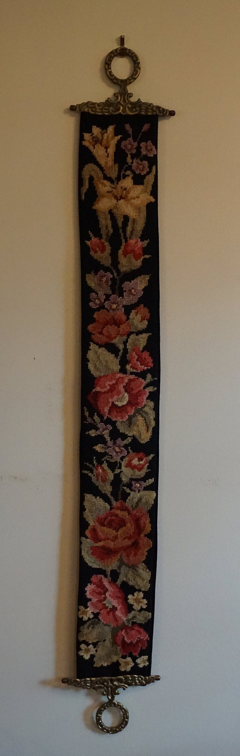 Vintage Needlepoint Bell Pull with Brass Fittings 1950s | Etsy