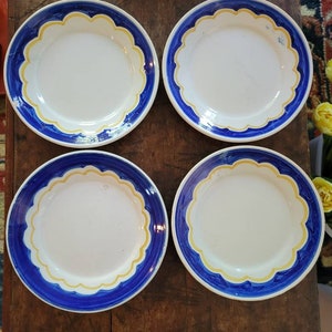 Four Vintage Quimper Salad Plates Blue and White French Hand Painted Stoneware French Faience majolica