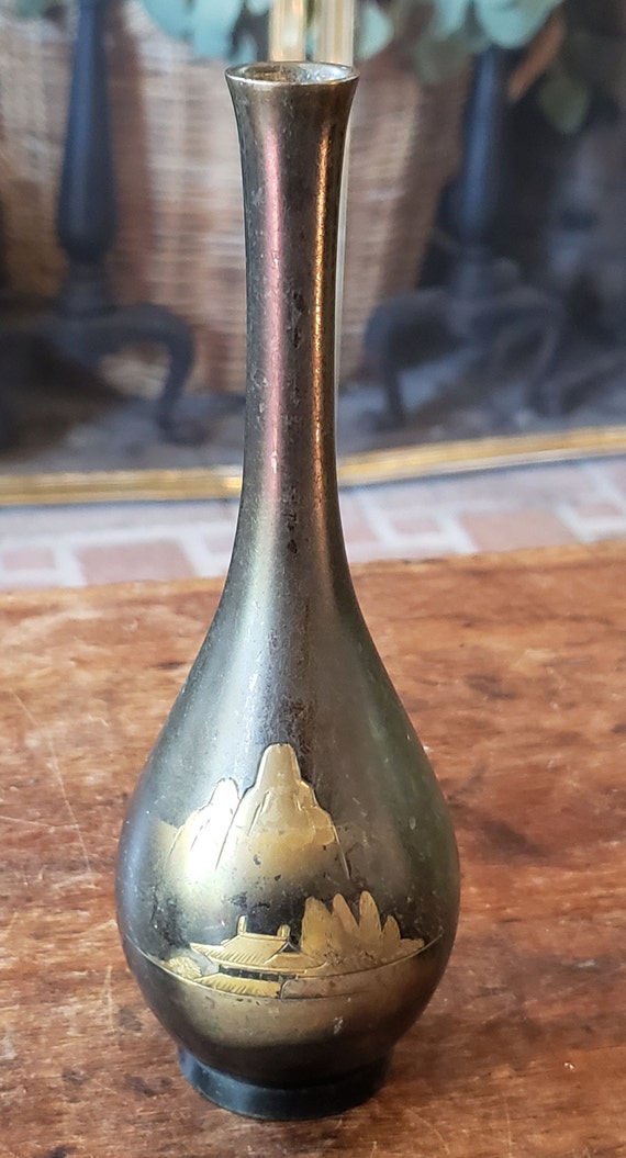 Vintage Japanese Metal Vase Japanese Landscape Vase Mid Etsy