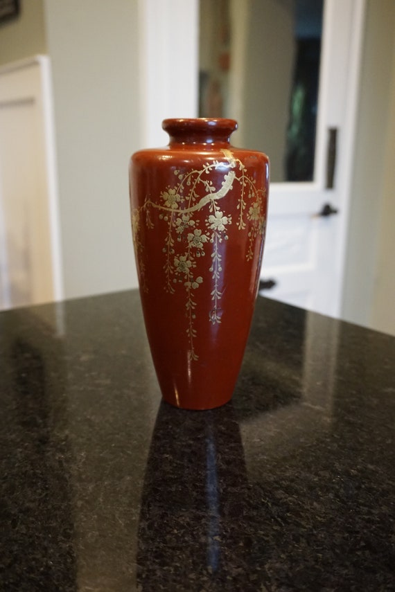 Vintage Burnt Orange Japanese Lacquer Wooden Vase Gold Weeping Etsy