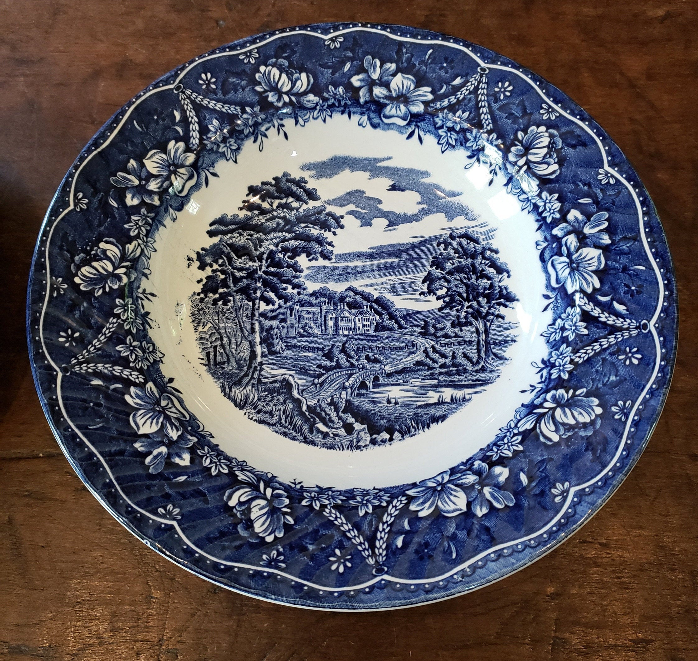 Vintage Staffordshire Old Castle Soup Bowls - Blue Transferware