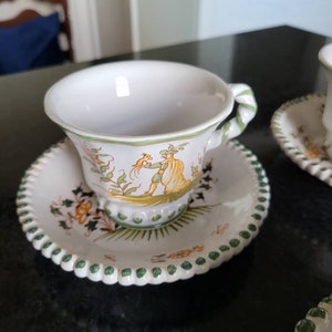 Vintage Italian Majolica Cups and Saucers with hand painted Renaissance People Italian Faience Tin Glazed Pottery