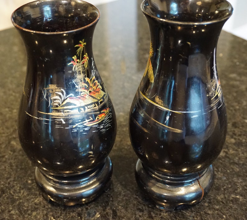 Vintage Japanese Black Lacquer Wooden Vases set of 2 Etsy