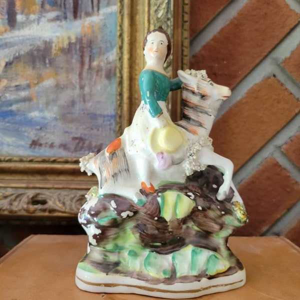 Antique Staffordshire Pottery Girl on Goat Figurine Queens Daughter Figurine 1865