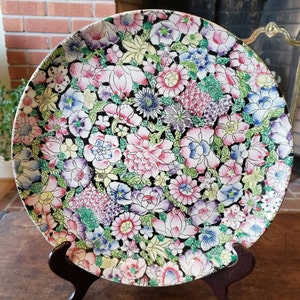 Vintage Chinoiserie Floral Decorative Plate - 1980s Pink Green Floral Chinoiserie Plate Chintzware style