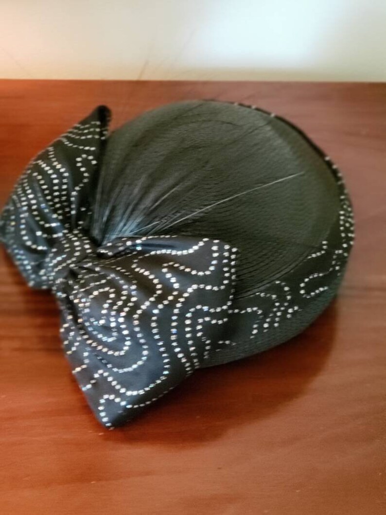 Vintage Sylvia Straw Cloche Hat with Exaggerated Bow and Burnt Feathers