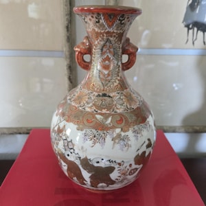 Antique Kutani Vase Handpainted Japanese Vase with Boys and Birds Kintaro