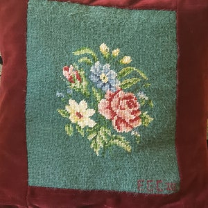Vintage Floral Needlepoint and Burgundy Velvet Pillow - Green Needlepoint Floral Pillow