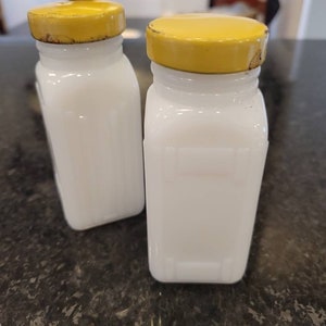 Vintage Milk Glass Spice Jars Milk Glass Spice Bottles with Yellow metal lids Set of 2