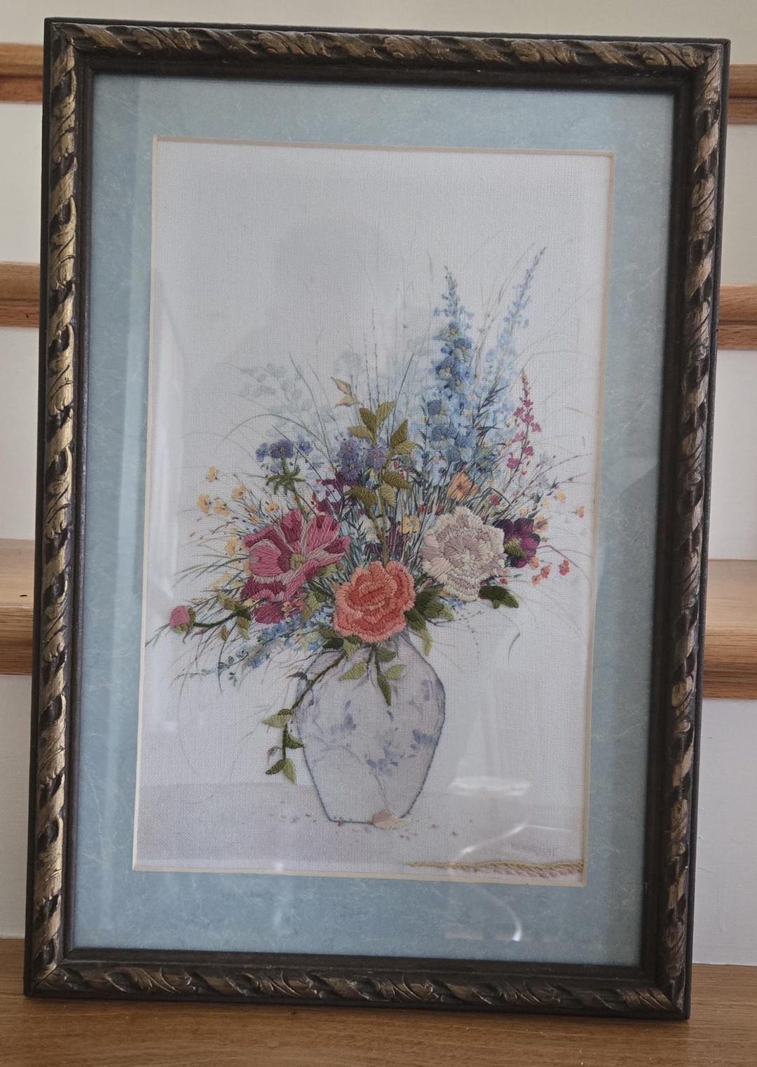 Vintage 1980s Framed Crewel Floral Embroidery Wall Art - Etsy