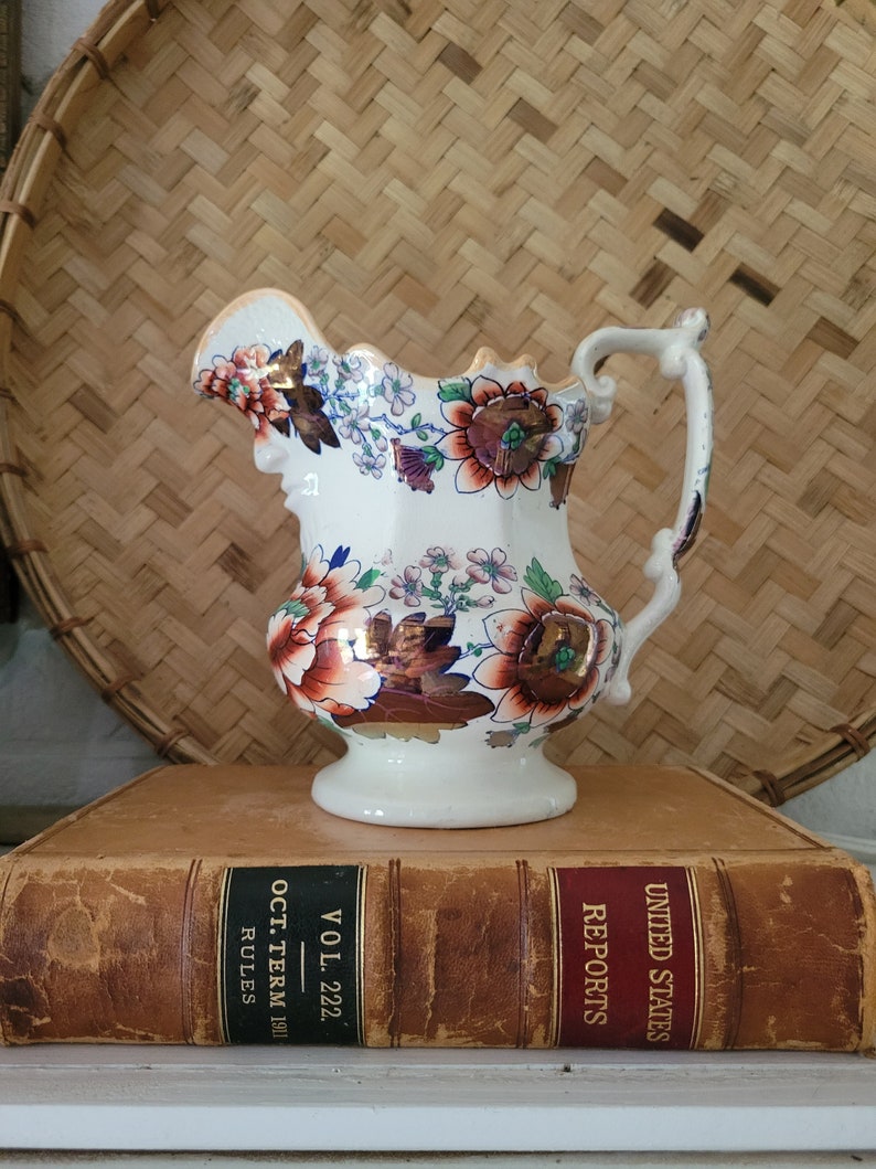 Antique Ironstone Gaudy Welsh Pitcher With Man Face Spout Copper Luster ...