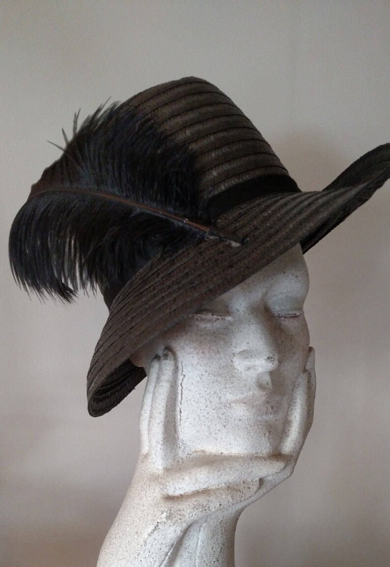 Vintage Black High Crown Hat Upturned Brim Straw Fedora Etsy