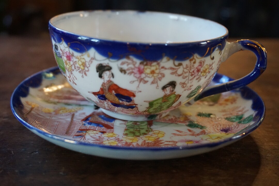 Antique Japanese Cup and Saucer 1920s Blue Japanese Cup and Saucer Etsy
