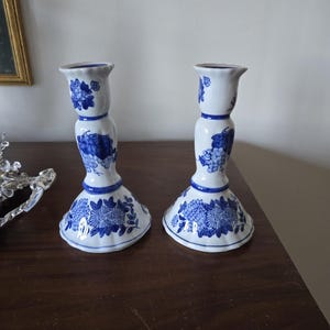 Vintage Blue and White Porcelain Candleholders Candlesticks Chinoiserie Porcelain Candlesticks Classic Cobalt blue and white