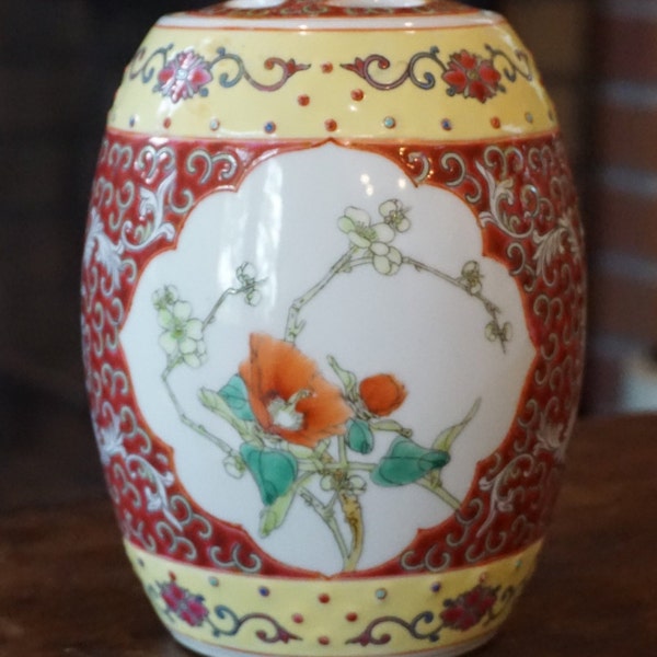 Vintage Orange Chinese Lidded Jar - Burnt Orange and Yellow Garden-Stool Shaped Jar