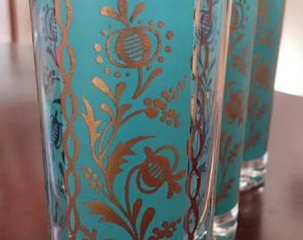 Aqua and Gold Vintage Highball Glasses/ Turquoise and Gold Vintage HIghball glasses/ Mid Century Modern Barware/ Hollywood Regency