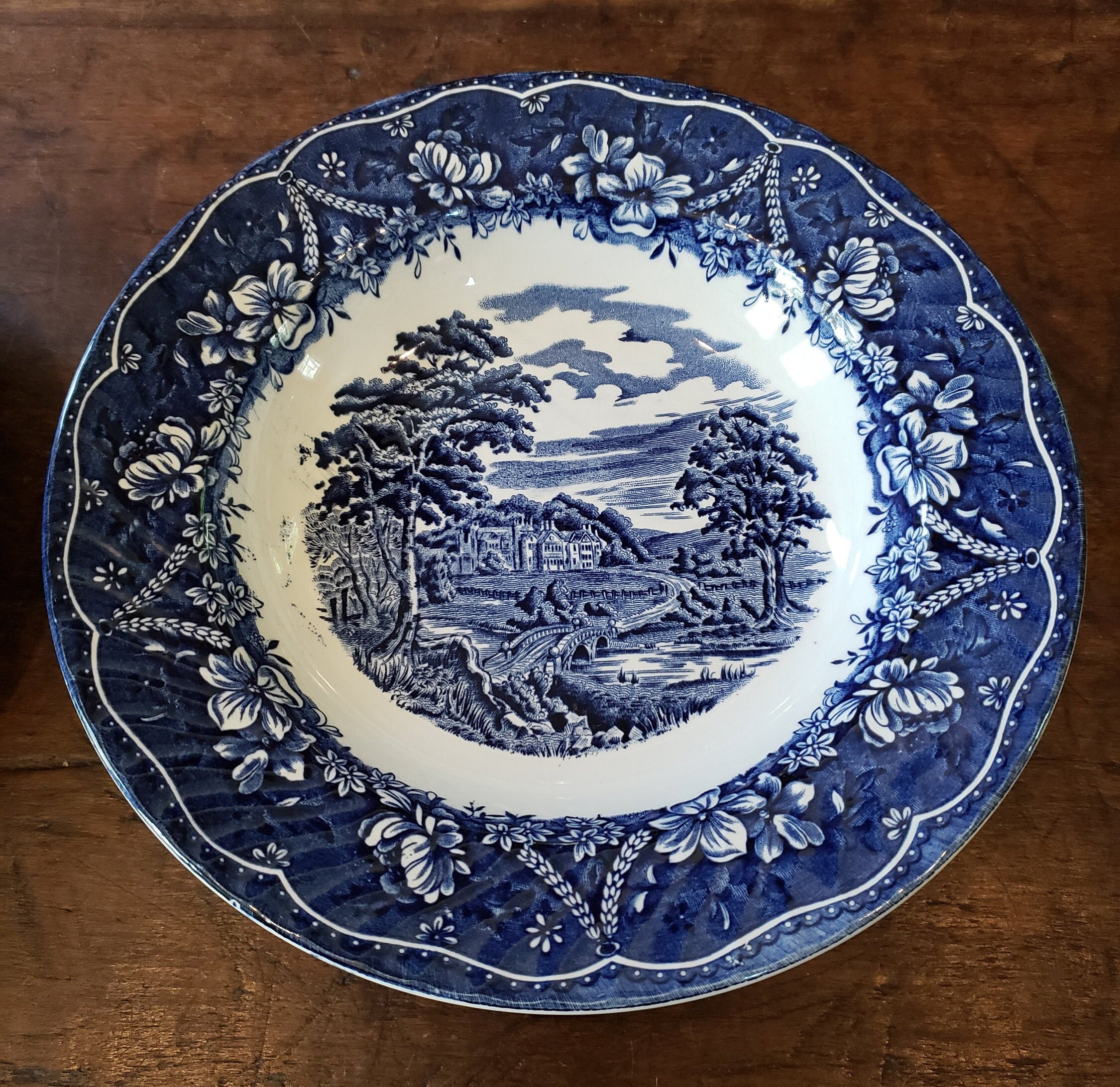 Vintage Staffordshire Old Castle Soup Bowls - Blue Transferware