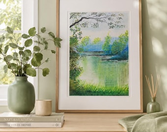 Original Oil Pastel Woodland Scene Drawing – Serene Nature Wall Art (13cm x 18.5cm) Gift Ideas