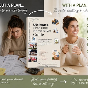 Könnte beinhalten: Ein Buch mit dem Titel Ultimate First Time Home Buyer Guide mit cremefarbenem Einband, schwarzem Text und Illustrationen eines Hauses, eines Münzglases und eines Hammers. Der Einband listet Themen wie Hypotheken, Budgets, Besichtigungen und Umzug auf.