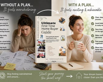 May include: A book titled Ultimate First Time Home Buyer Guide with a cream cover, black text, and illustrations of a house, a jar of coins, and a gavel. The cover lists topics including mortgages, budgets, viewings, and moving, with a My 1st New Home logo.