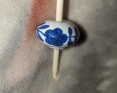 Blue Flowers Ceramic Drop Spindle Hand Spindle Bottom Whorl Handmade, Hand Spinning, Sustainably sourced wood!
