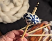 Blue Flower Ceramic Drop Spindle Hand Spindle Top Whorl Handmade, Hand Spinning, Sustainably sourced wood!