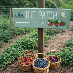 May include: A wooden sign that reads "THE PATCH" with an arrow, strawberries, and a butterfly. Three wicker baskets are filled with strawberries, blueberries, and blackberries. The sign is mounted on a wooden post.