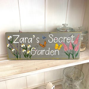 Personalized Hand Painted Sign, 16&quot; x 6&quot; Garden Sign, Gift for Her, Wood Sign w/Personalization/Flowers, Unique Garden Decor, Gardener Gift