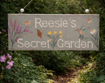 Letrero de jardín personalizado, decoración floral personalizada para patio trasero pintada a mano, marcador de jardín secreto