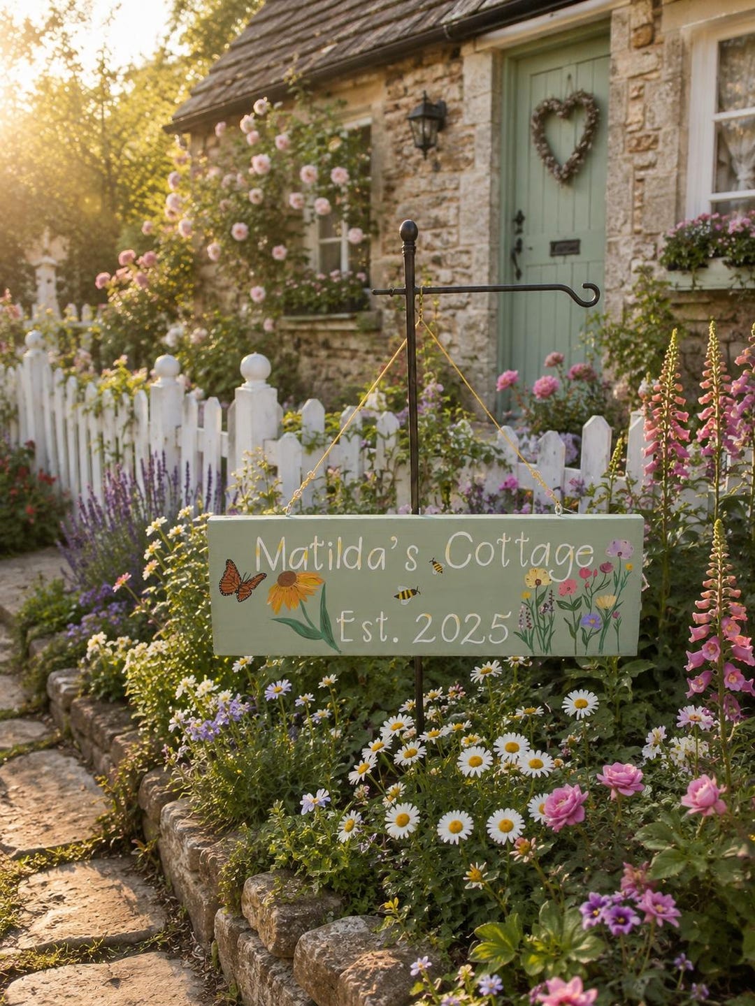 Personalized Hand Painted Est. Cottage Sign – Wooden Floral Garden ...