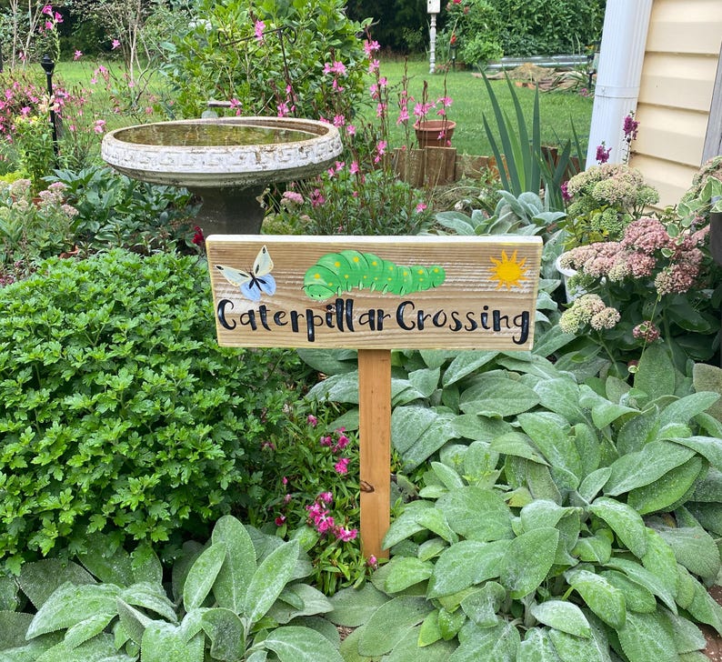 Puede incluir: Un letrero de madera en un jard&iacute;n que dice "Caterpillar Crossing". El letrero presenta una oruga verde, un sol amarillo y una mariposa azul y blanca. El letrero est&aacute; montado en un poste de madera y rodeado de exuberante vegetaci&oacute;n y flores.