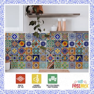 May include: A set of 50 hand-painted Talavera tile stickers featuring 30 colonial patterns. The stickers are arranged in a grid pattern and feature a variety of colors, including blue, yellow, green, and red. The stickers are perfect for adding a touch of Mexican style to any room.