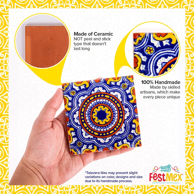 May include: A hand holds a blue, yellow, and red Talavera tile with a floral pattern. The tile is made of ceramic and is 100% handmade. "Talavera tiles may present slight variations on color, designs and size due to its handmade process."  FestMex Artesanias Mexicanas.