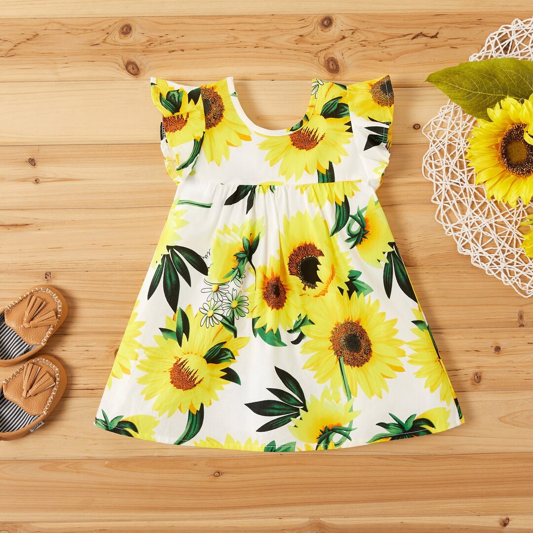 Baby Girl Ruffled Sleeve Sunflower Print Dresssunflowers Etsy