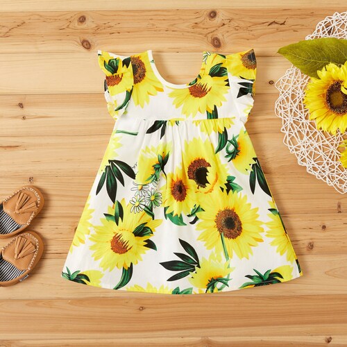 Baby Girl Ruffled Sleeve Sunflower Print Dresssunflowers Etsy