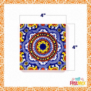 May include: A 4-inch square ceramic tile with a colorful geometric pattern. The tile features a blue, yellow, red, and white design with a central star.
