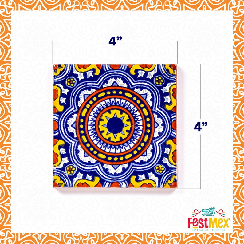 May include: A 4-inch square ceramic tile with a colorful geometric pattern. The tile features a blue, yellow, red, and white design with a central star.