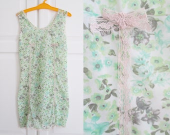 White 60s Slip Dress With Gray/Green Floral Print & Beige Lace Ribbon With Bow // Girls Slip Dress // Orsi Mangelli