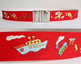 Red Elastic 60s Vintage Belt With Car/Aircraft/Bike/Ship/Train Print // Unisex Belt // Silver Buckle