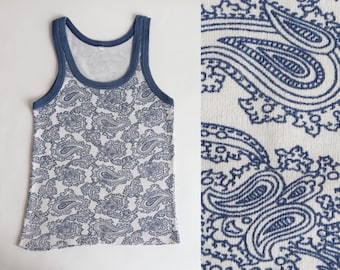 White/Blue 70s Kids Vintage Top With Paisley Print // Cotton // Made In Denmark