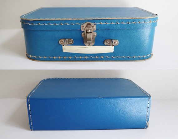 Blue Hard Cardboard Suitcase With White Handles /… - image 4