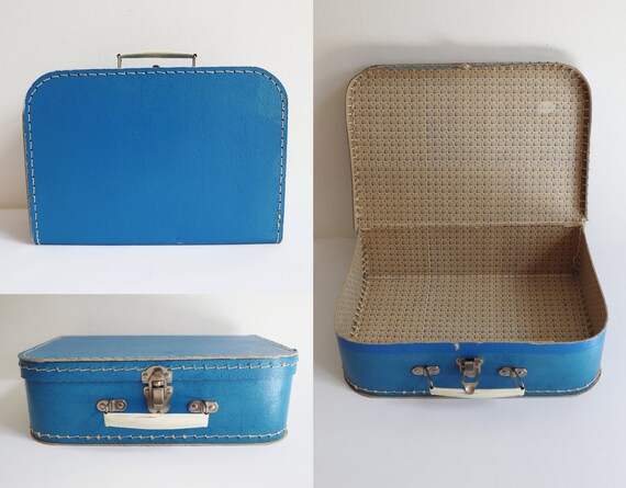Blue Hard Cardboard Suitcase With White Handles /… - image 2